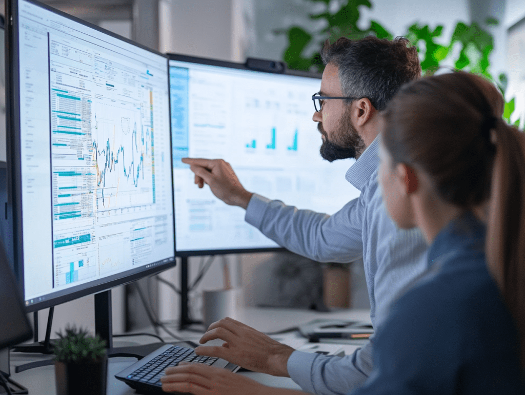 Zwei Personen analysieren Daten am Computer.